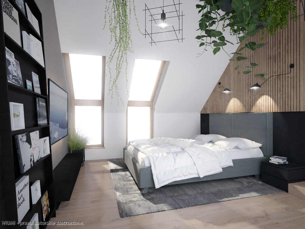 Projektant wnętrz Wrocław przedstawia na fotce sypialnia na poddaszu