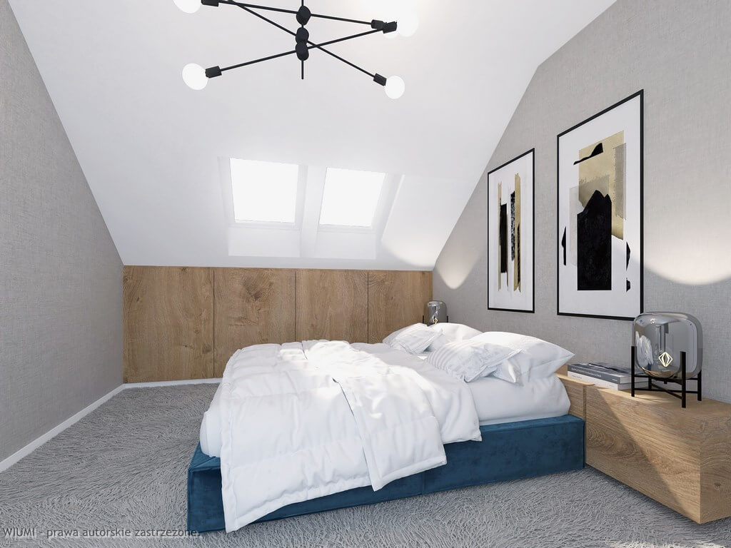 Projektant wnętrz Wrocław przedstawia na fotce sypialnia na poddaszu z oknami dachowymi