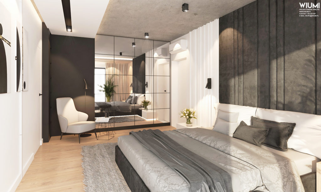 Projektant wnętrz Wrocław przedstawia na fotc sypialnia z szafą lustrzana