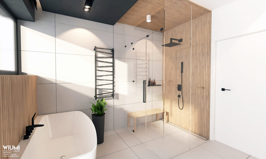 Projektant wnętrz Wrocław pokazuje łazienkę z prysznicem szklanym
