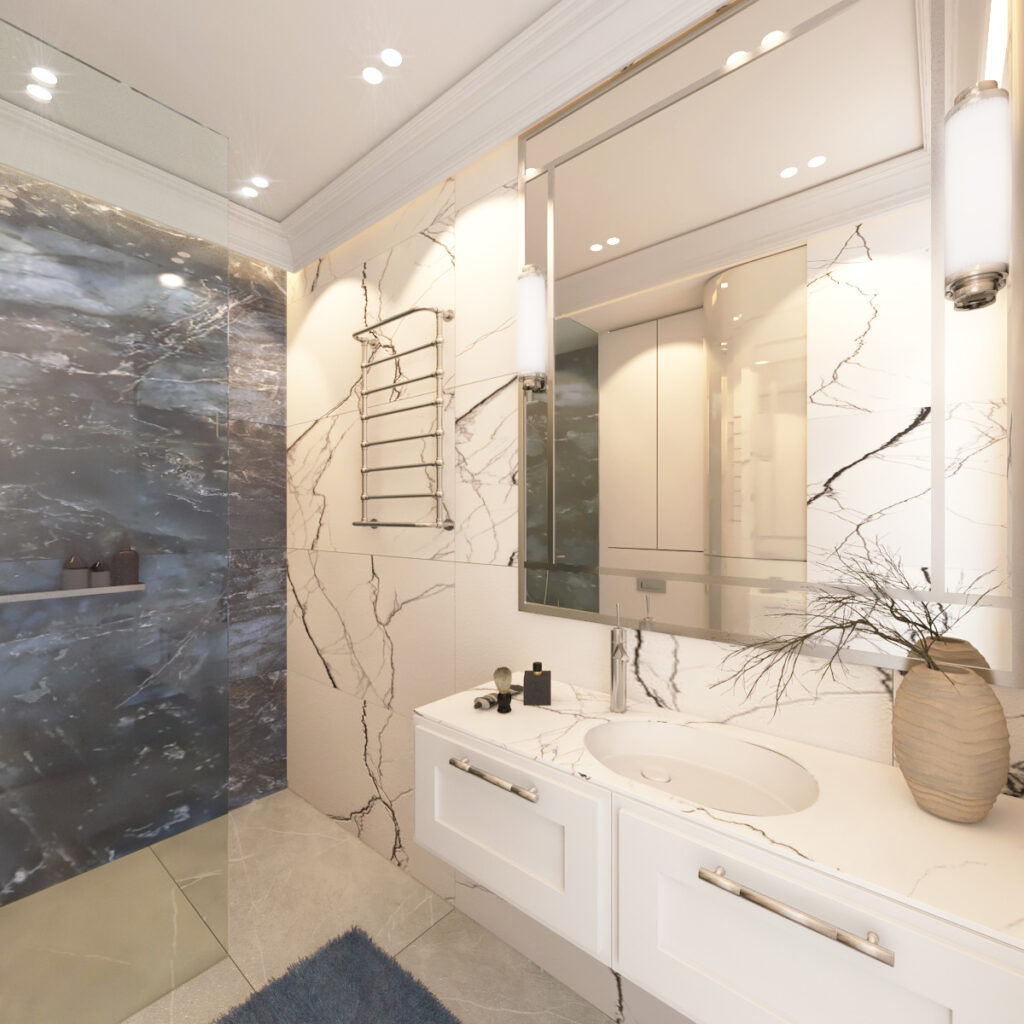 Łazienka z prysznicem za ścianą szklaną i ładnym kaloryferem ze starego metalu.