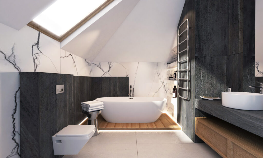 Projektant wnętrz Wrocław pokazuje łazienkę z wanną i oknem w dachu