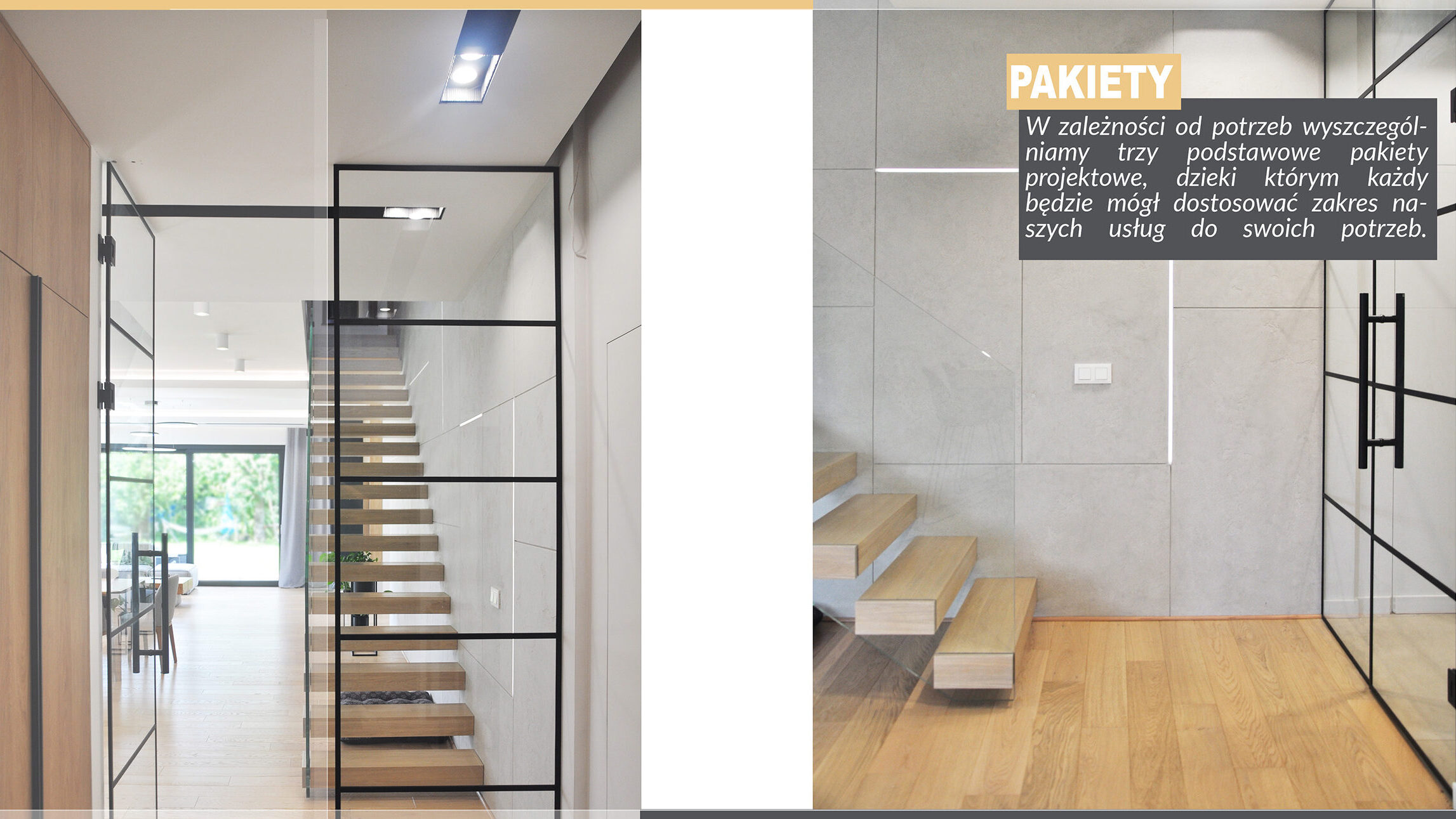 Biuro projektowania wnętrz Wrocław pokazuje na grafice dwie klatki schodowe oraz opisuje pakiety zakresu działalności