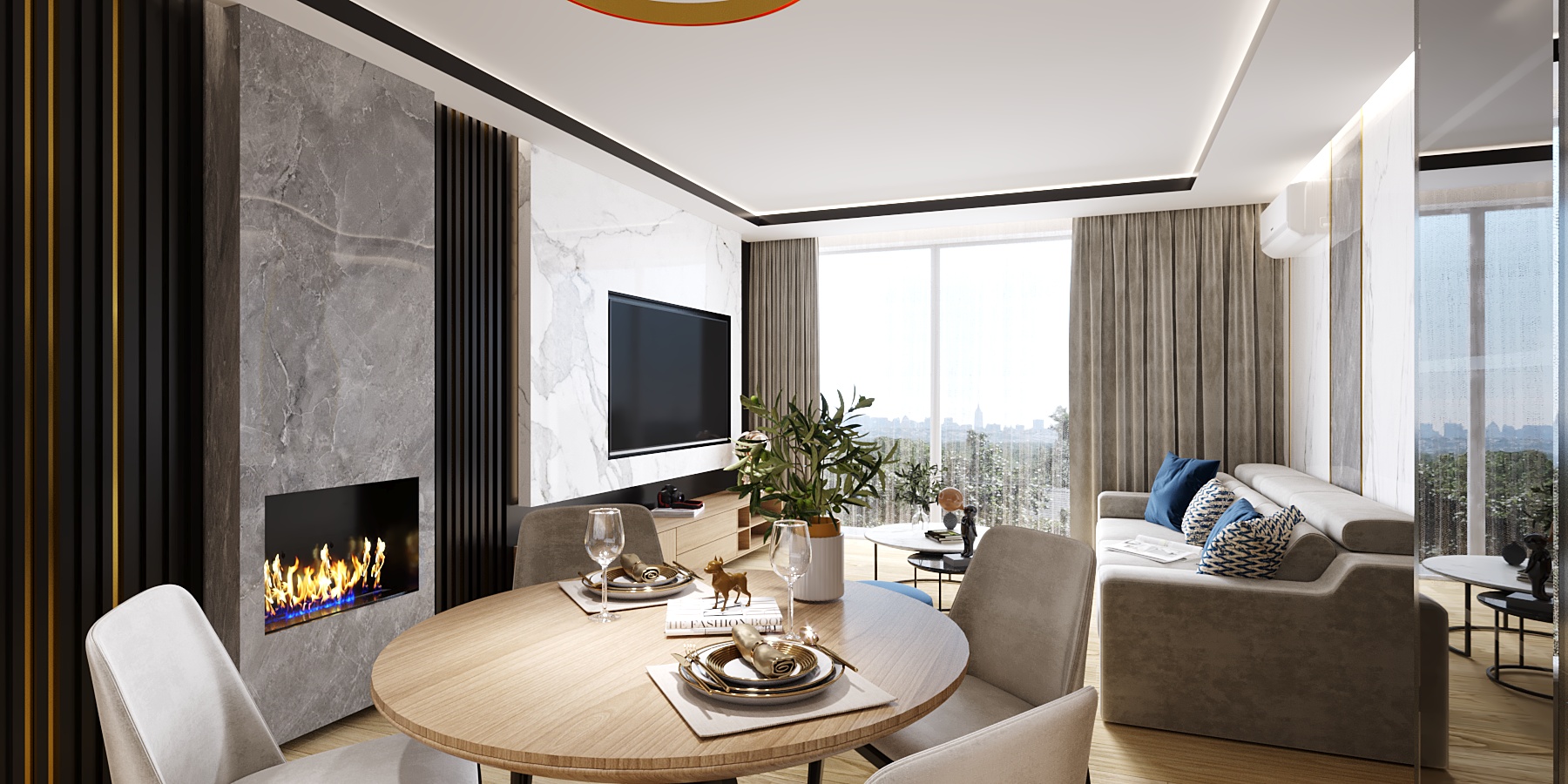 camera_1c_CShading_LightMix salon z telewizorem i kominkiem