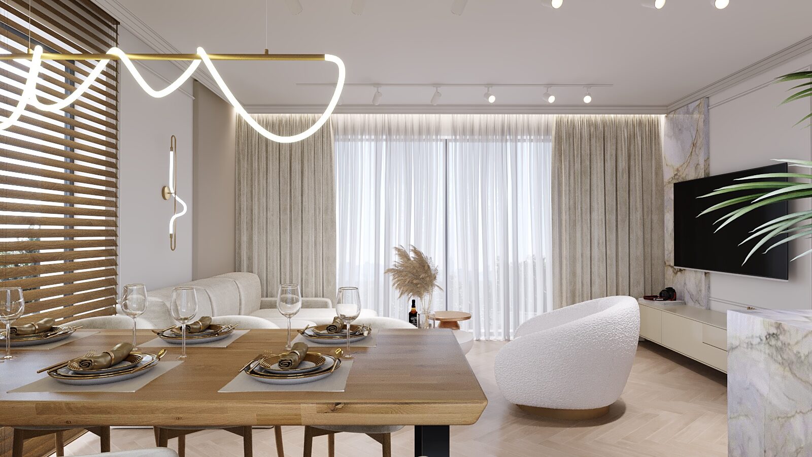 Studio projektowania przedstawia salon ze stołem jadalnym i dużym telewizorem