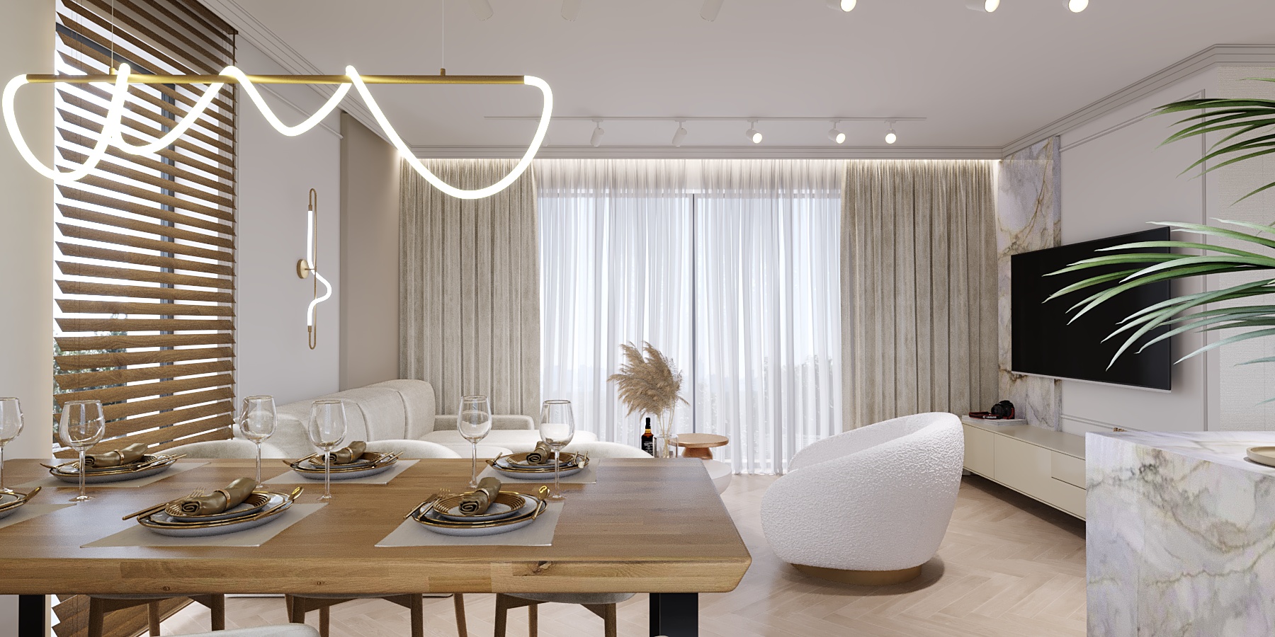 camera_2c_CShading_LightMix Studio projektowania przedstawia salon ze stołem jadalnym i dużym telewizorem