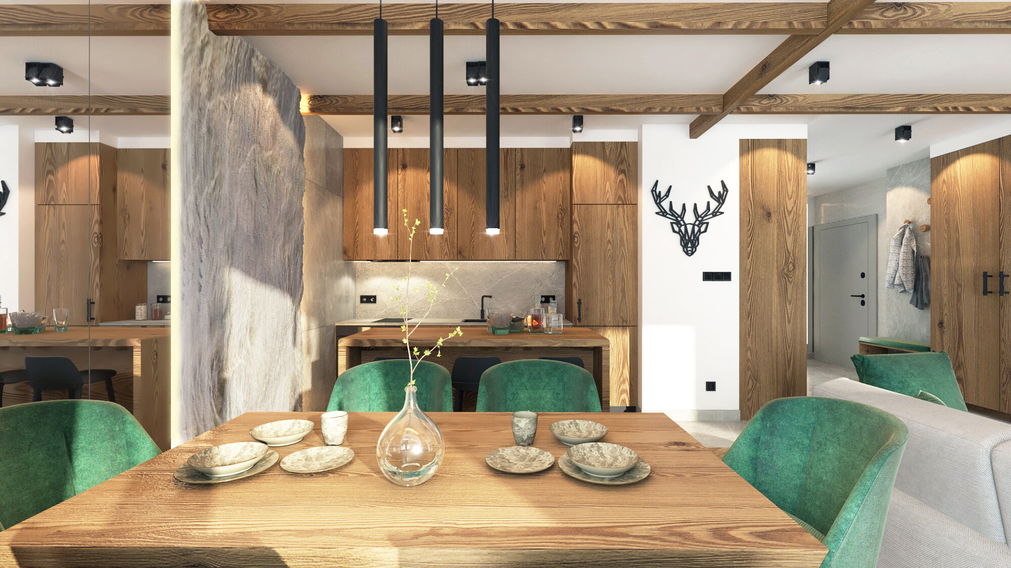 Biuro projektowania wnętrz pokazuje salon z rogami jelenia w tle wykonany w mieście Wrocław