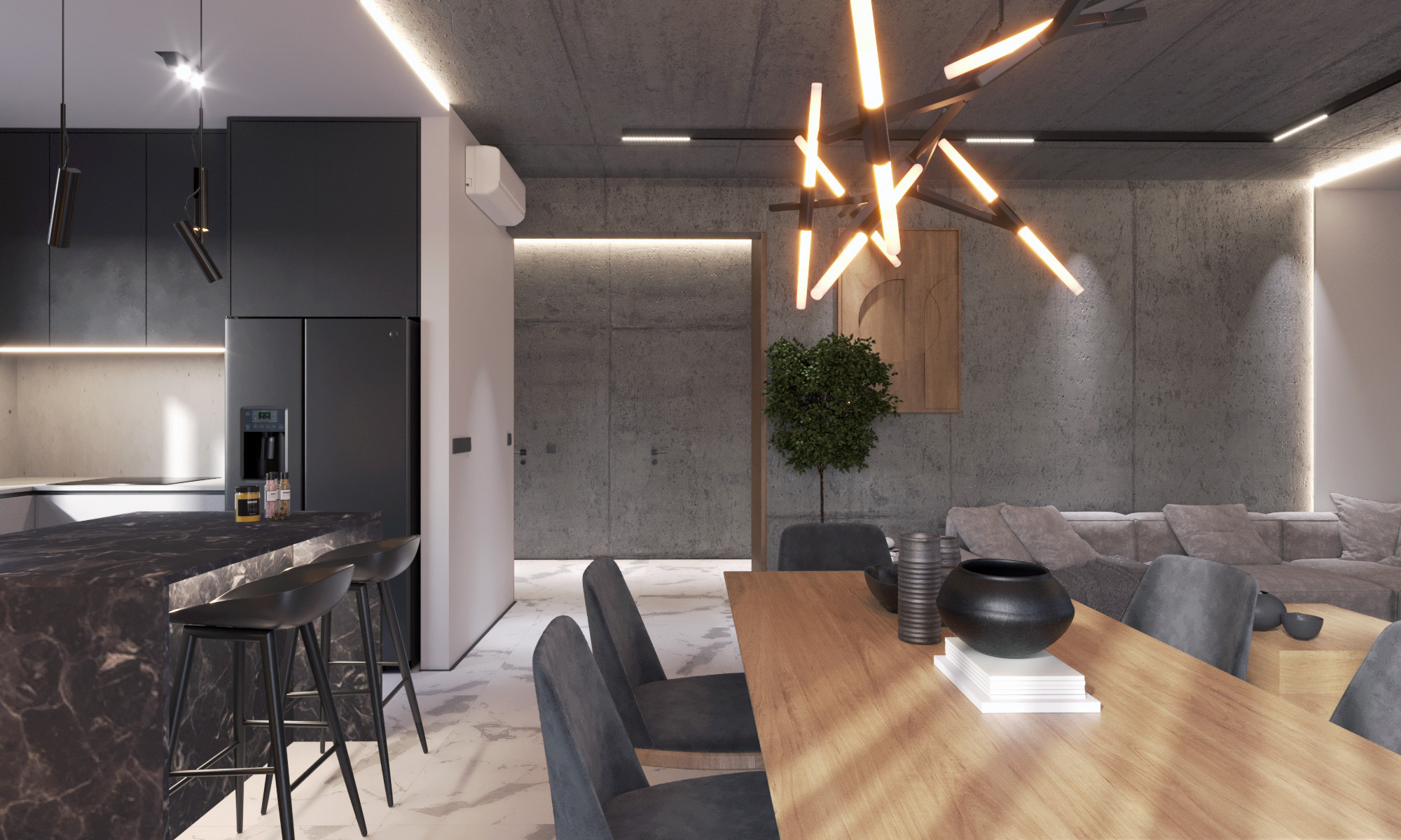 camera_6 Projektant wnętrz WIUMI pokazuje salon z jadalnia i wyspą wykonany we Wrocławiu.