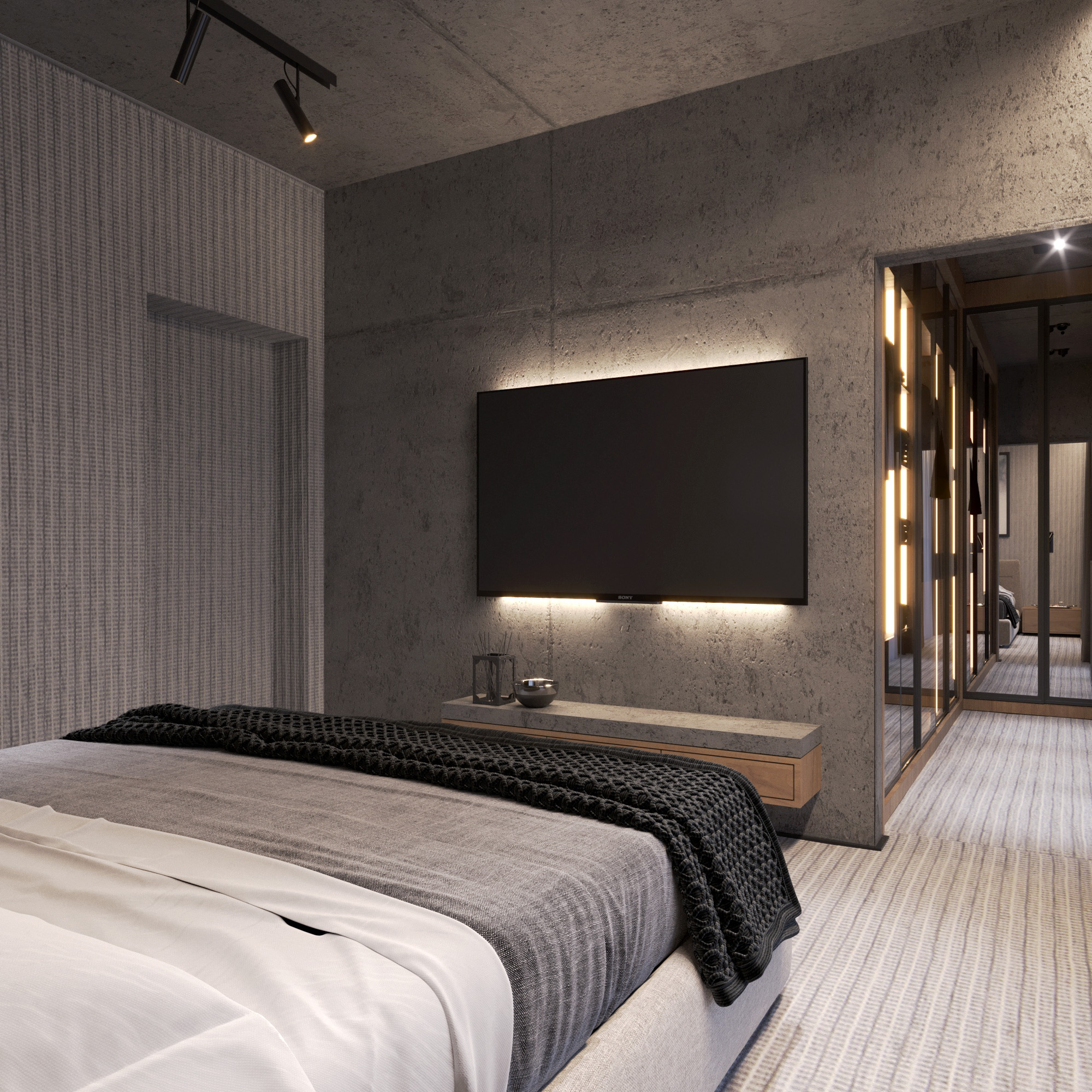 camera_8 sypialnia z podświetlonym telewizorem