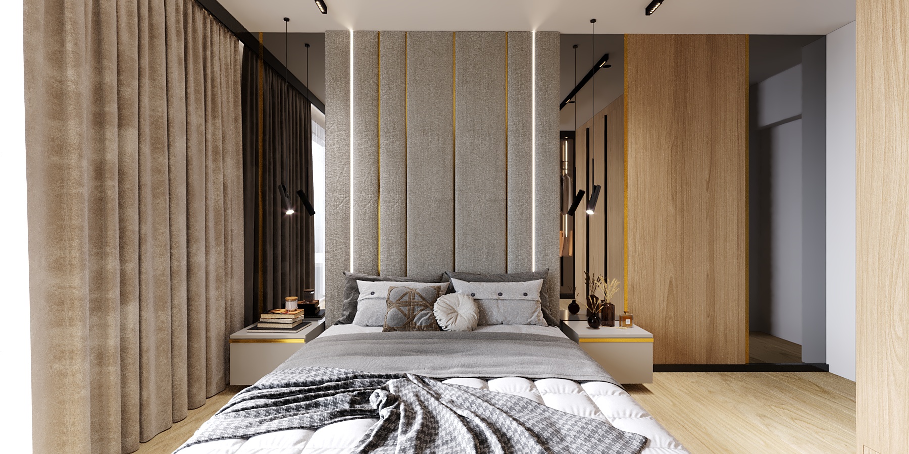 camera_8a_CShading_LightMix Wiumi projektowanie wnętrz Wrocław przedstawia piękną sypialnie z wielkim łóżkiem i zasłonami i wstawkami lustrzanymi.