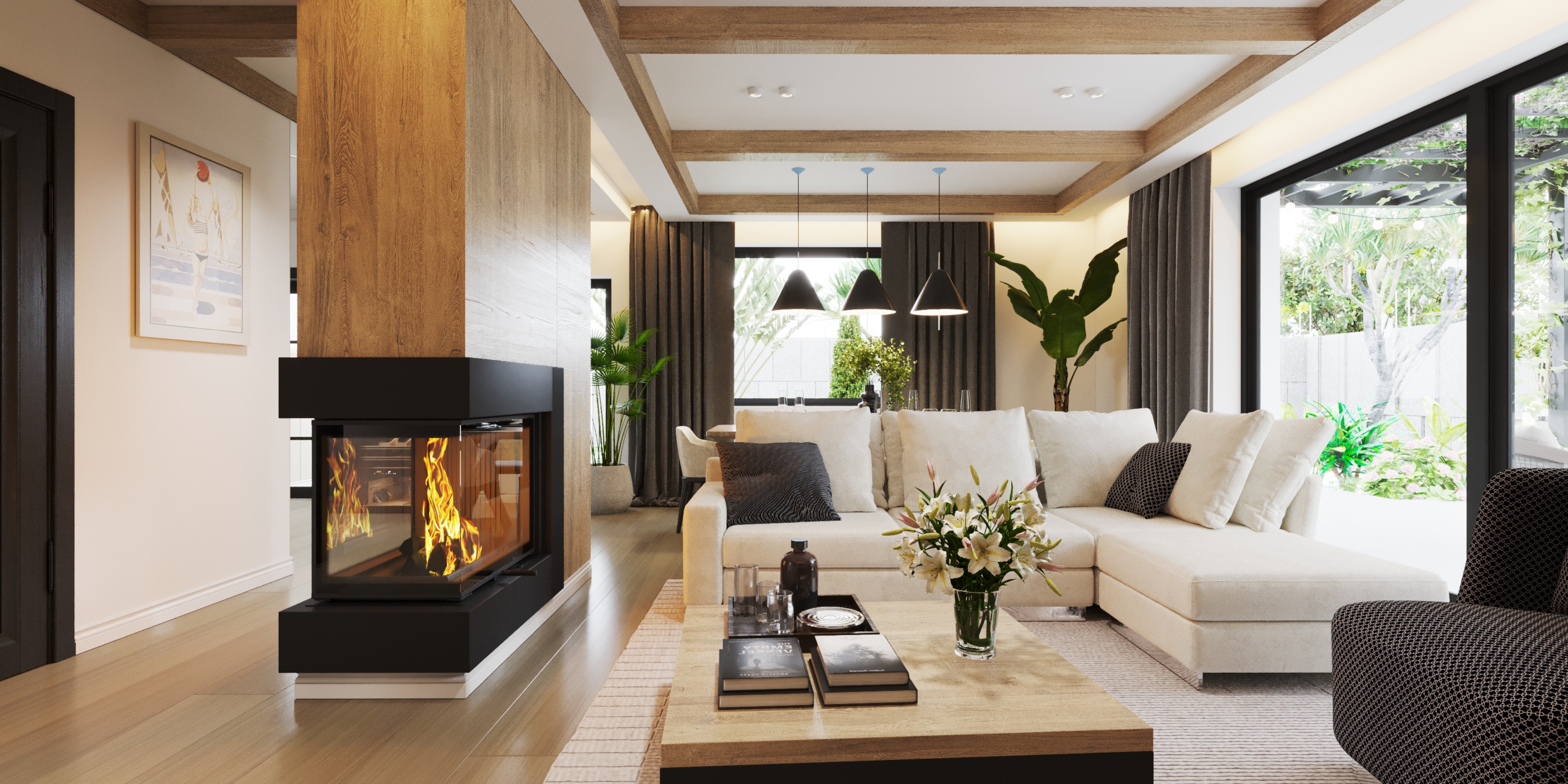 camera_3c_Interactive LightMix WIUMI projektowanie wnętrz Wrocław przedstawia na foto piękny salon z kominkiem, wielką kanapą oraz dużymi oknami i jadalnią w tle oraz pięknymi zasłonami.