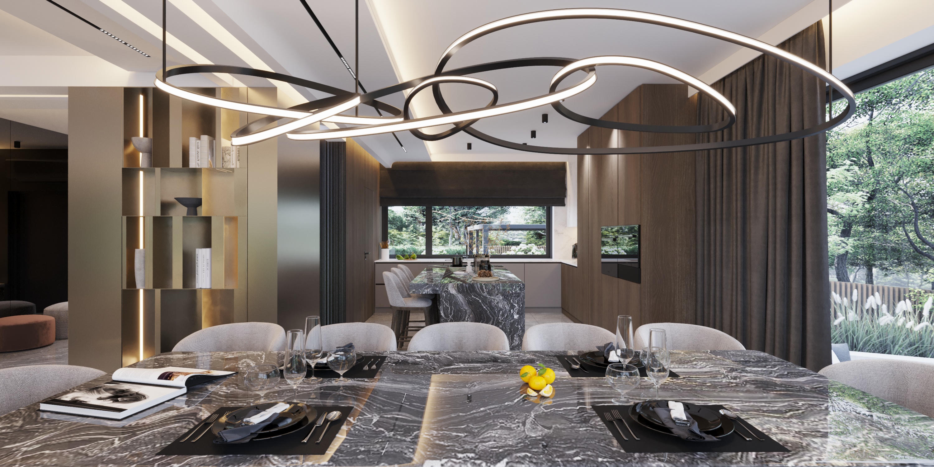 camera_5a_Interactive LightMix biuro projektowania wnętrz pokazuje stół jadalni i piękny żyrandol a w tle kuchnia