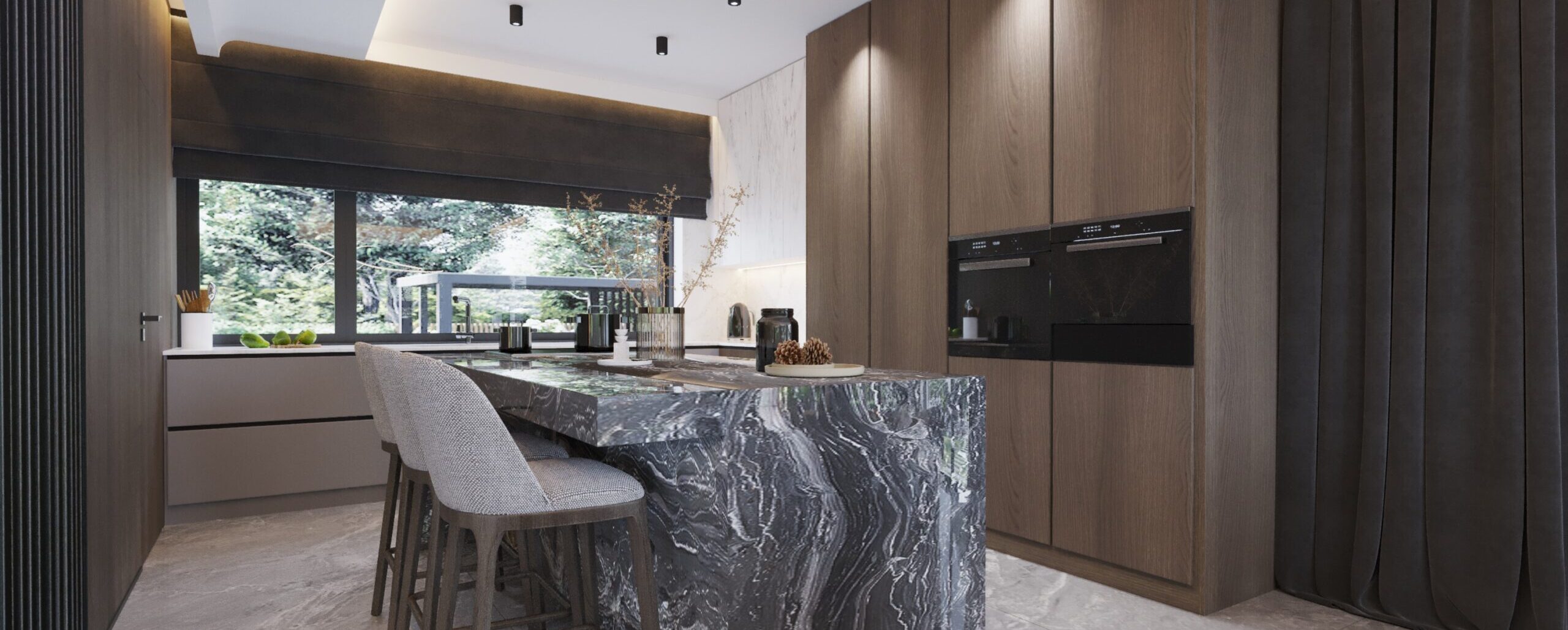 kuchnia z wyspą i krzesłami