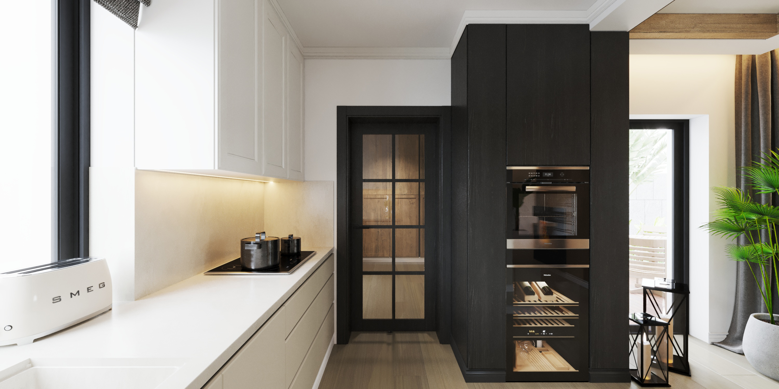 camera_9c_Interactive LightMix czarna szafa w kuchni ze sprzętami do grillowania